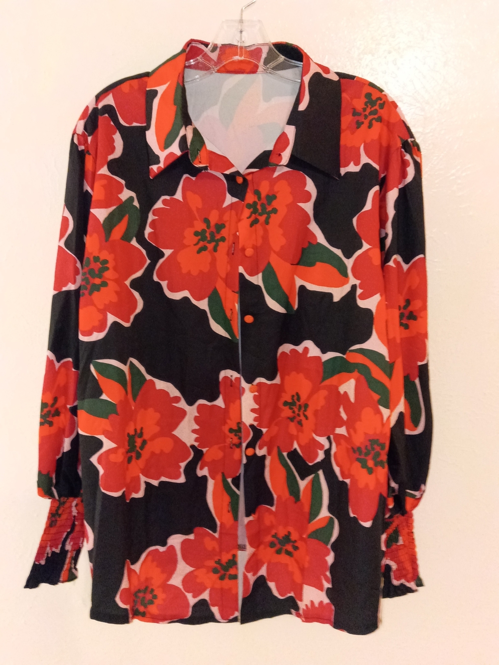 Women's Black Button-Front Shirt with Bold Red Floral Print